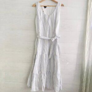 NWT Talbots - White blue striped tiered sleeveless linen dress sash belt, sz 14